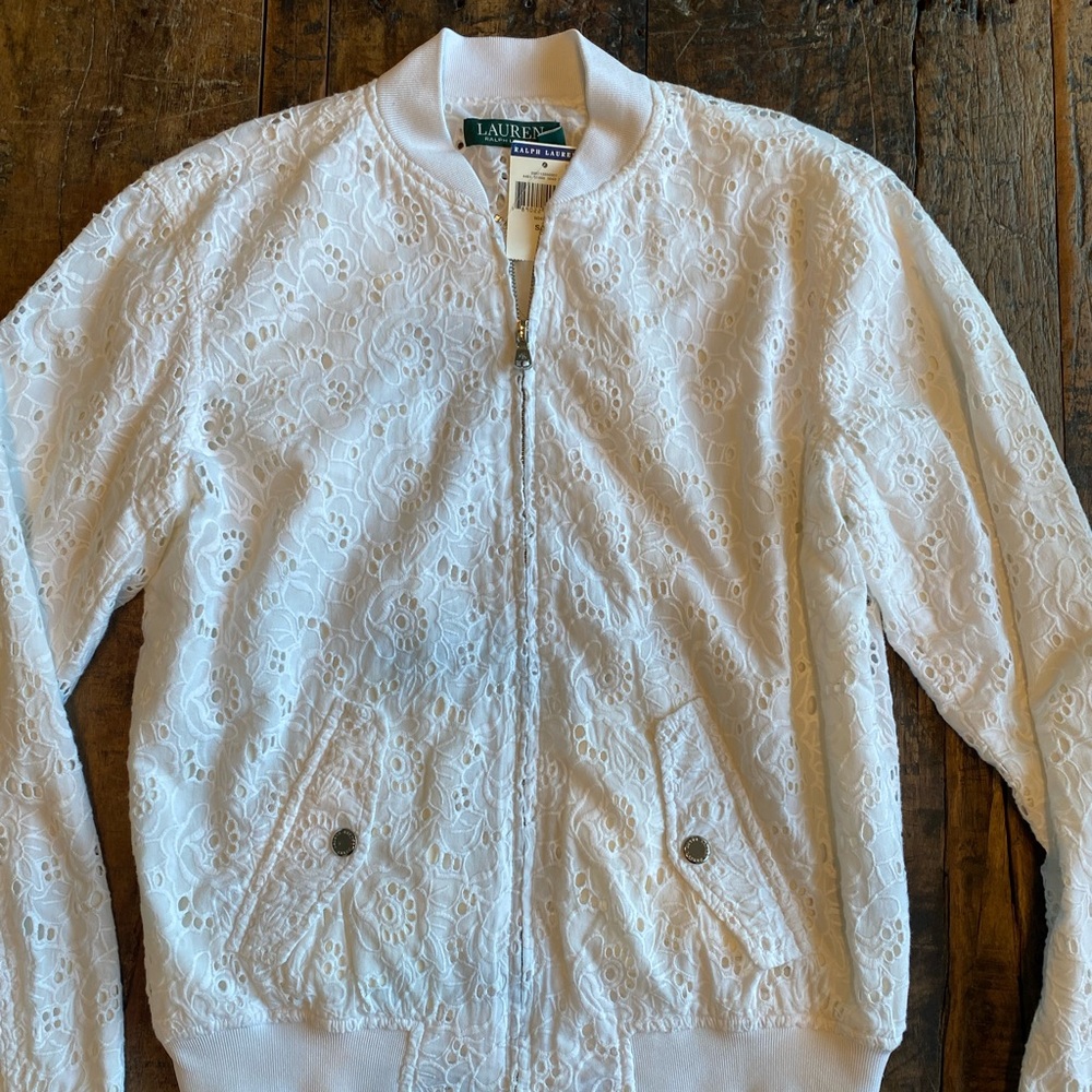 NWT White eyelet Bomber Jacket, Lauren Ralph Lauren, size Small